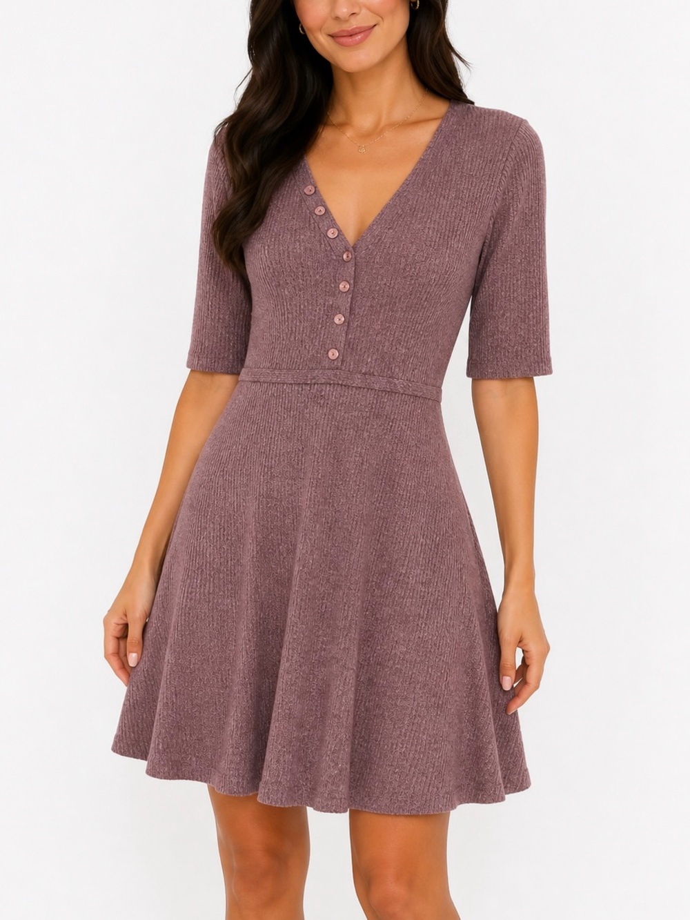 VENUS Dark Mauve Ribbed Knit Fit & Flare Mini Dress NWOT